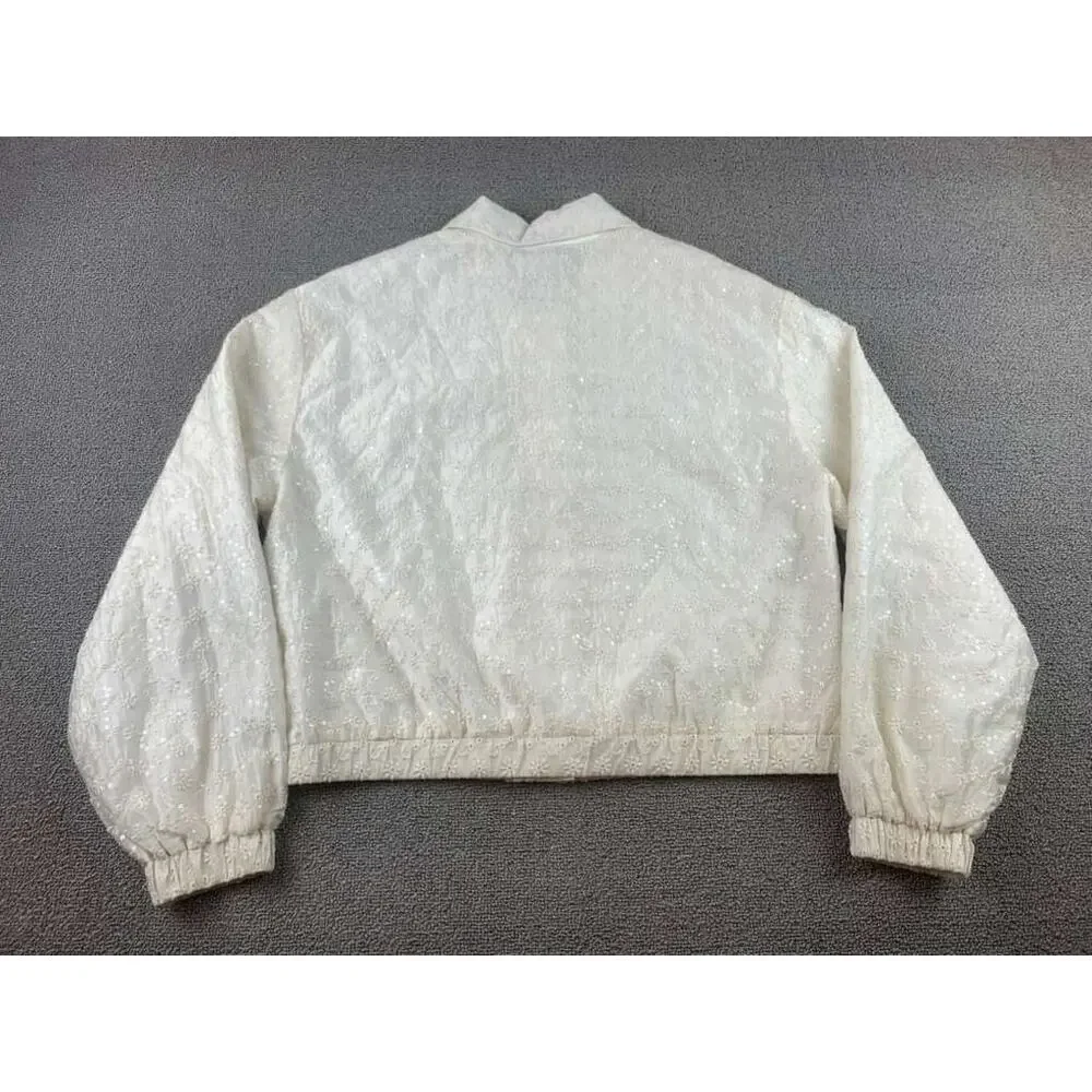 Zara Embroidered Jacket Kids13-14 Cream Floral Eyelet Bomber Elastic‎ Hem